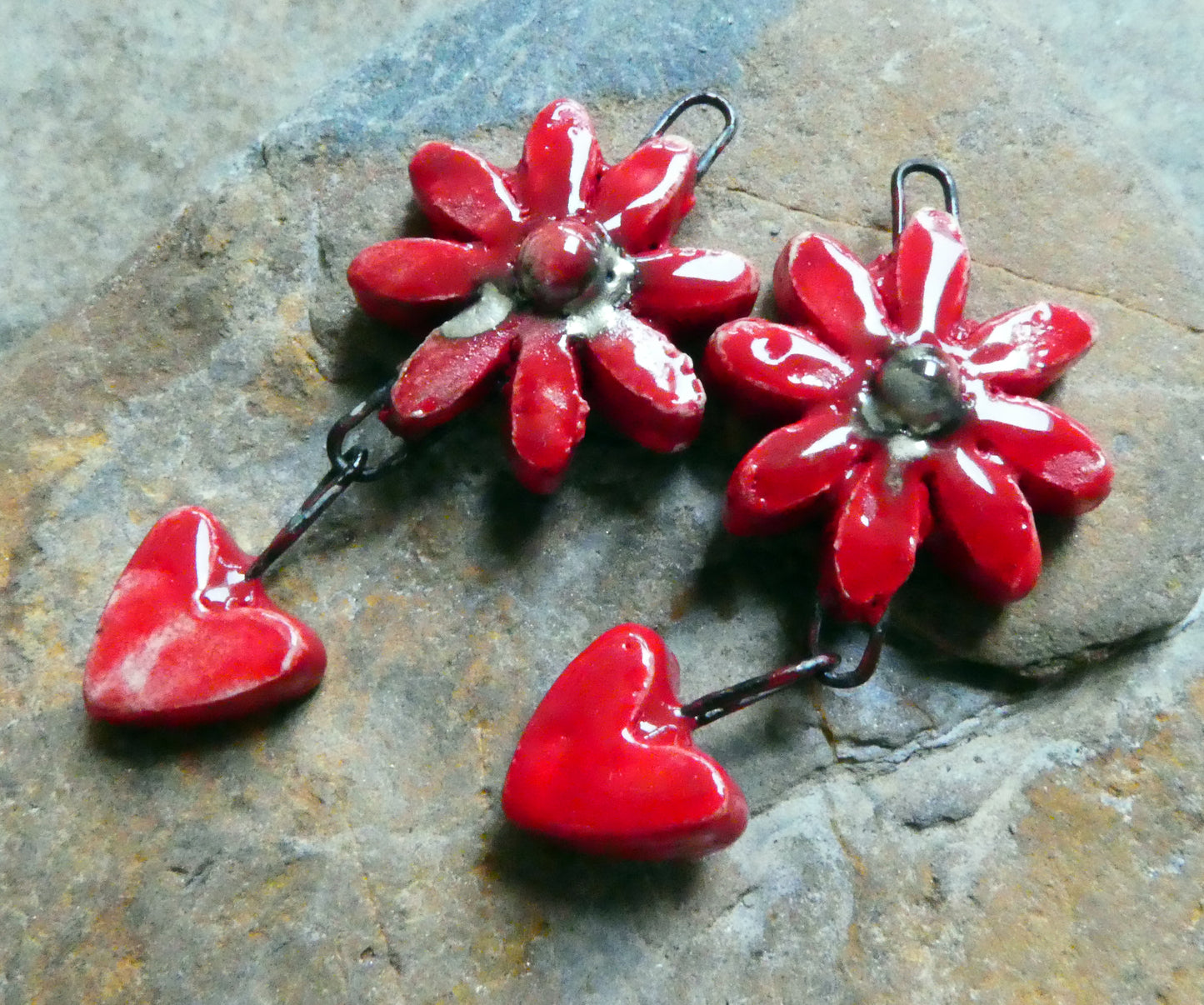Ceramic Flower and Heart Dangles - Red