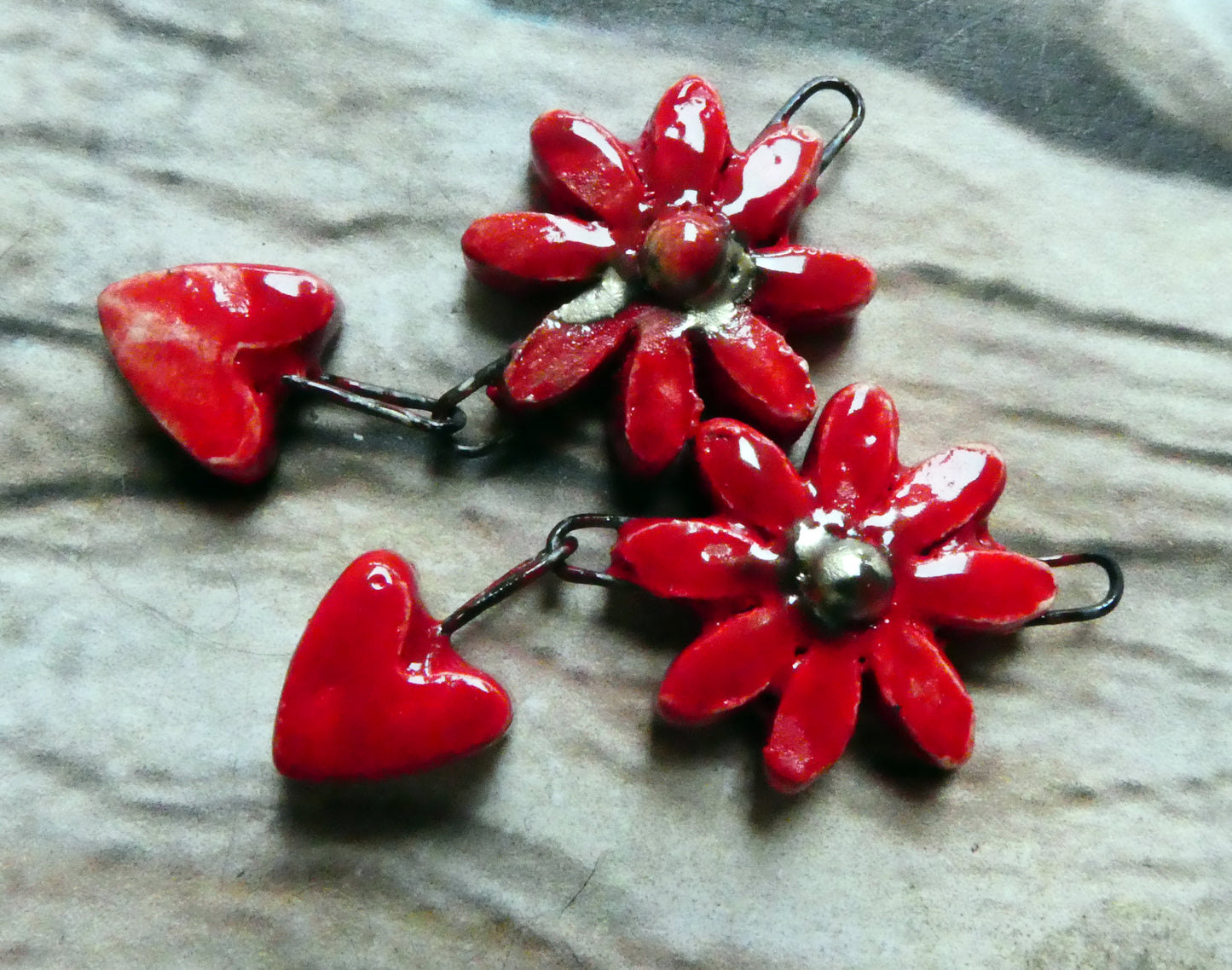 Ceramic Flower and Heart Dangles - Red