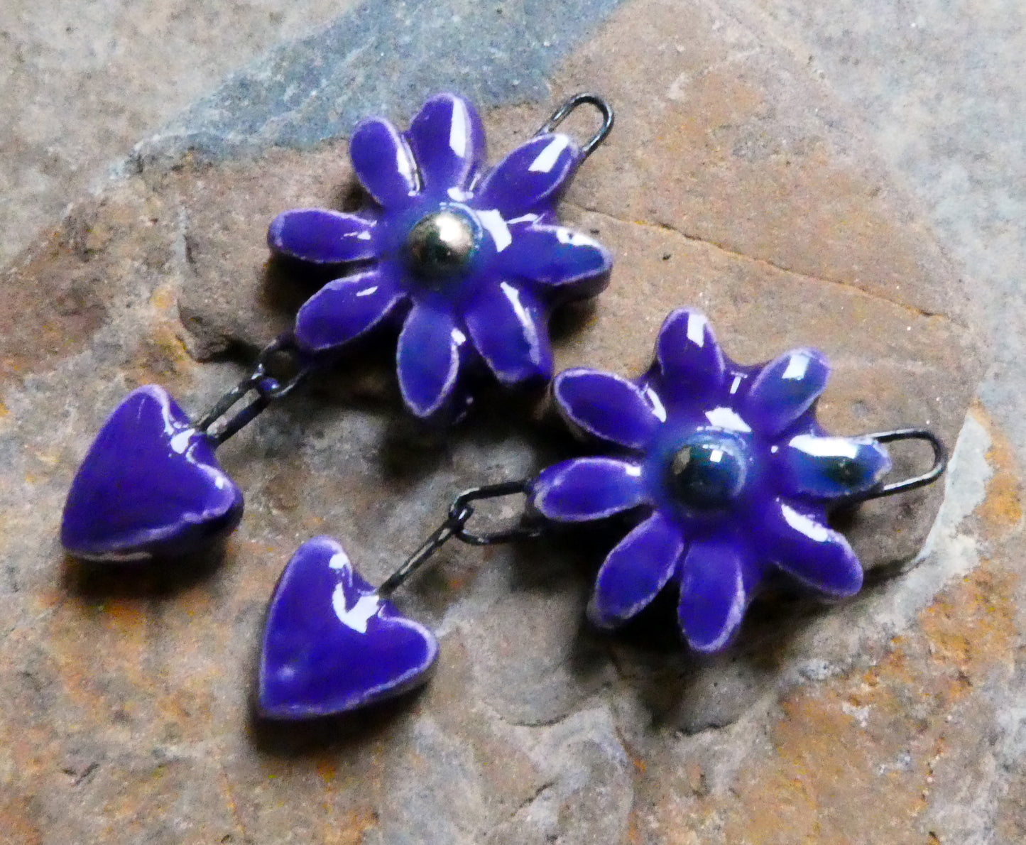 Ceramic Flower and Heart Dangles - Dark Purple
