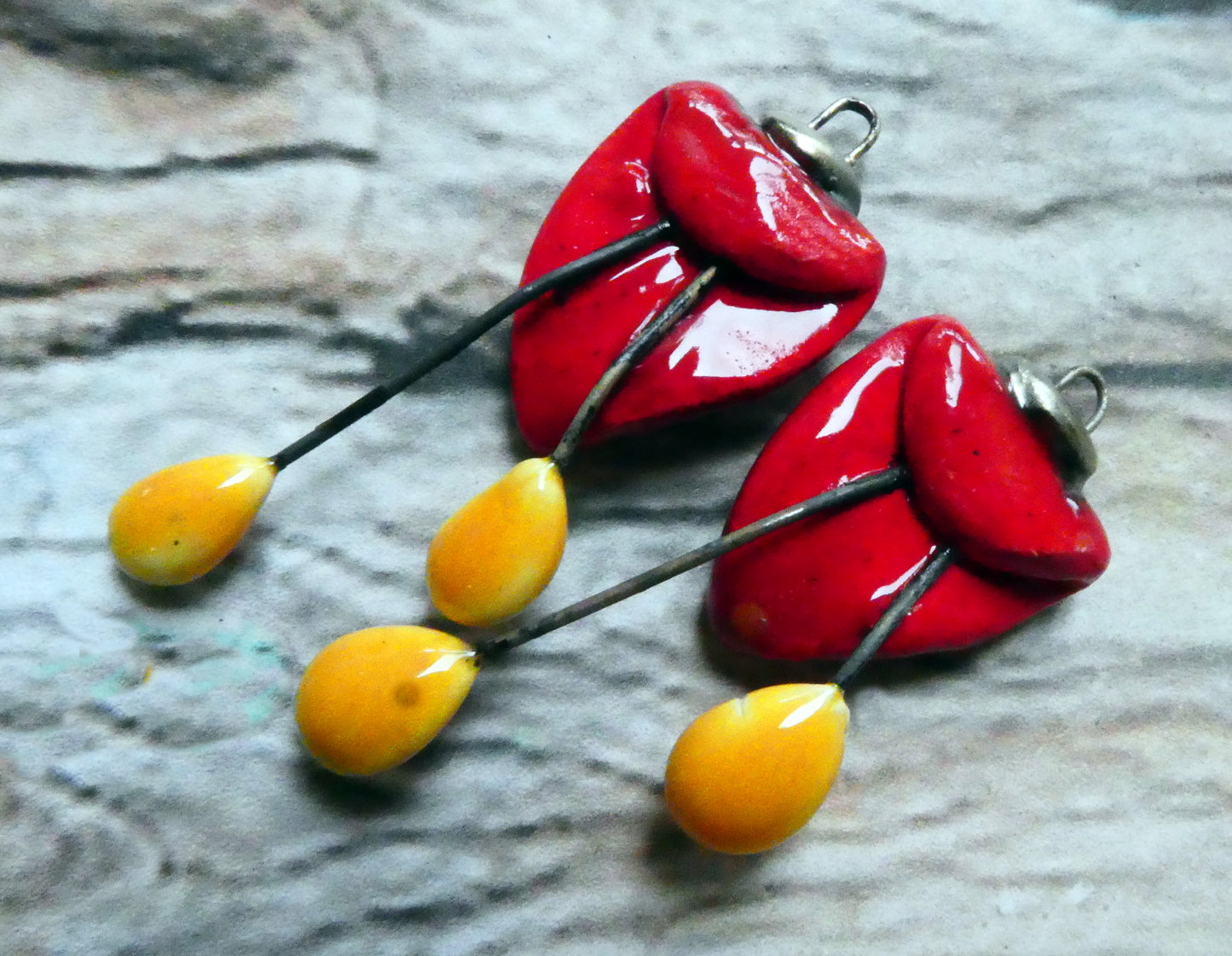Ceramic Folded Flower Dangles - Red