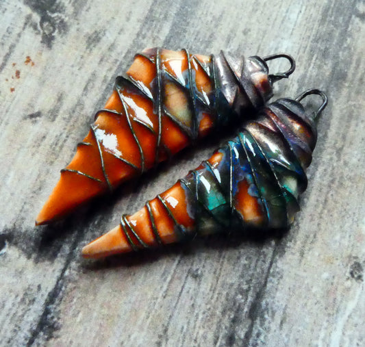 Ceramic Wire Wrapped Stone Cut Charms - Vermillion Sunburst