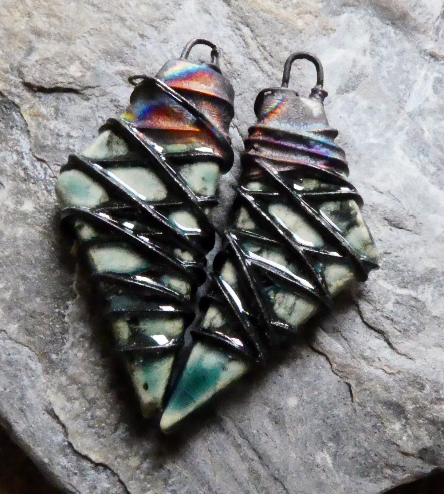 Ceramic Wire Wrapped Stone Cut Charms - Ocean Mist