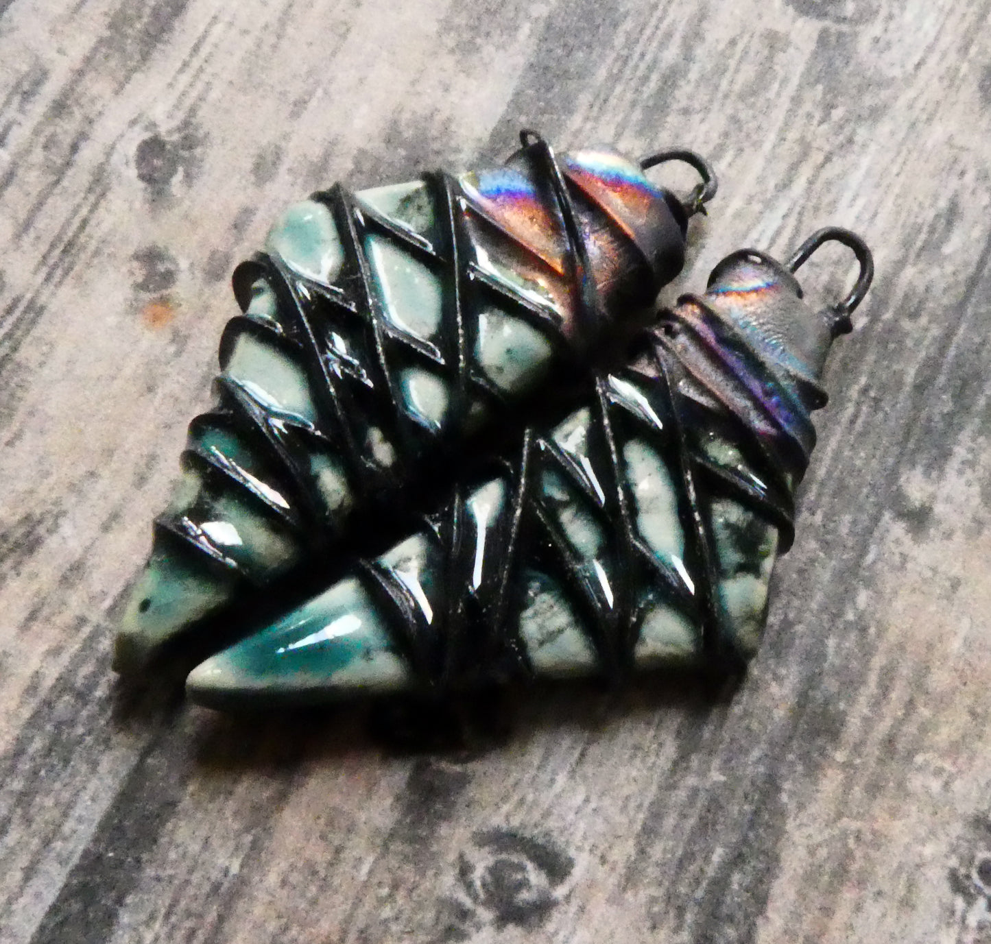 Ceramic Wire Wrapped Stone Cut Charms - Ocean Mist
