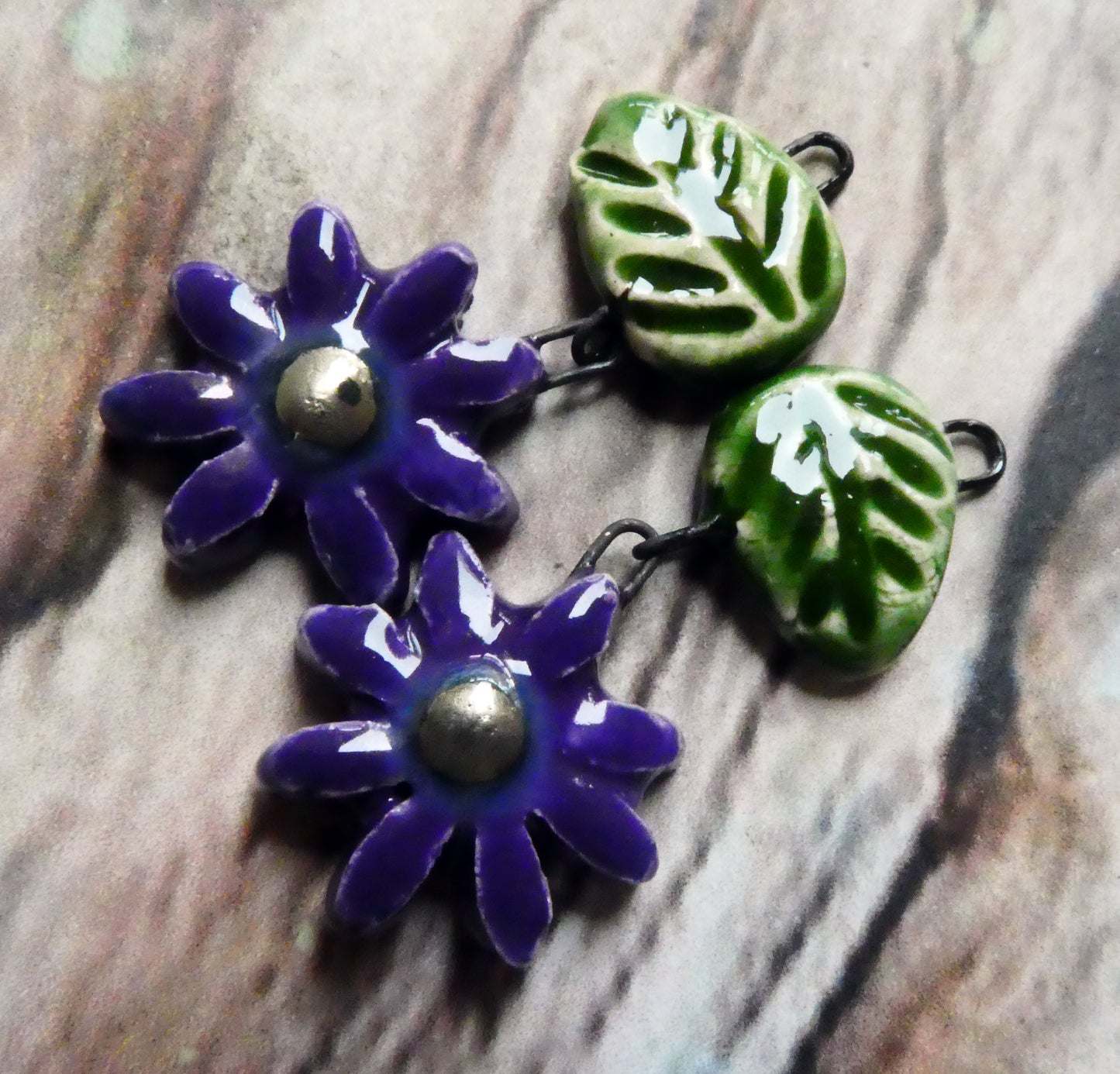 Ceramic Flower and Leaf Dangles - Dark Purple