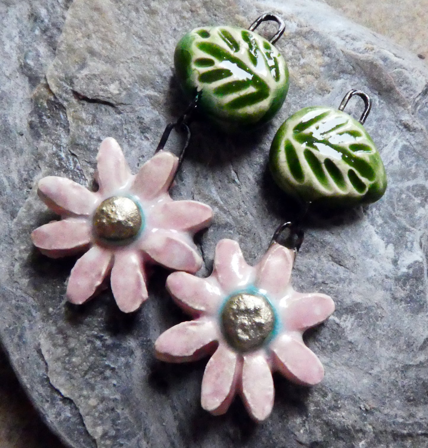 Ceramic Flower and Leaf Dangles - Pink Plum