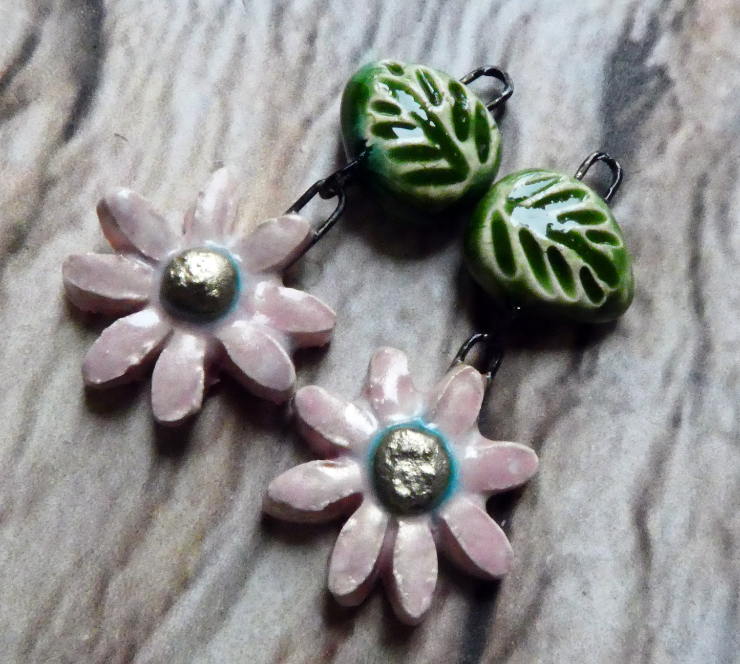 Ceramic Flower and Leaf Dangles - Pink Plum