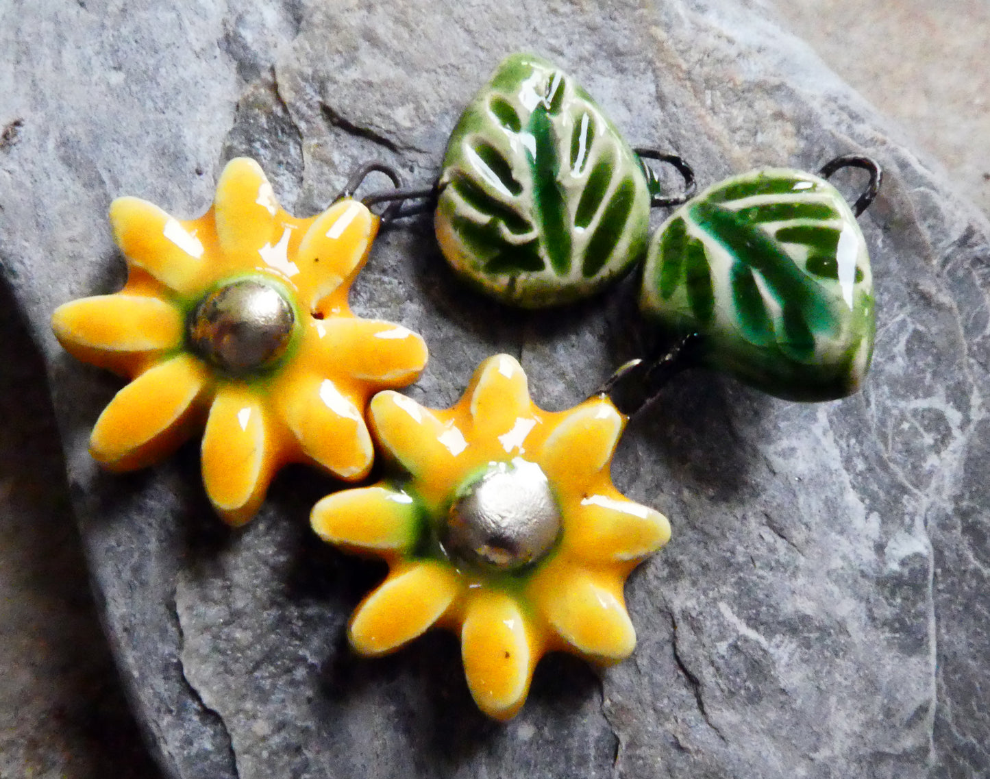 Ceramic Flower and Leaf Dangles - Yellow