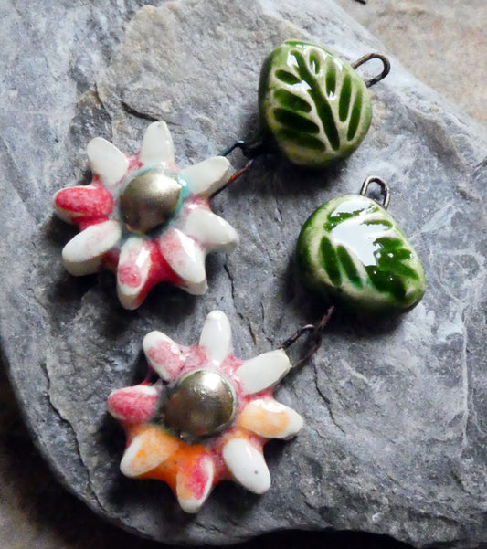 Ceramic Flower and Leaf Dangles - Poppy Fields