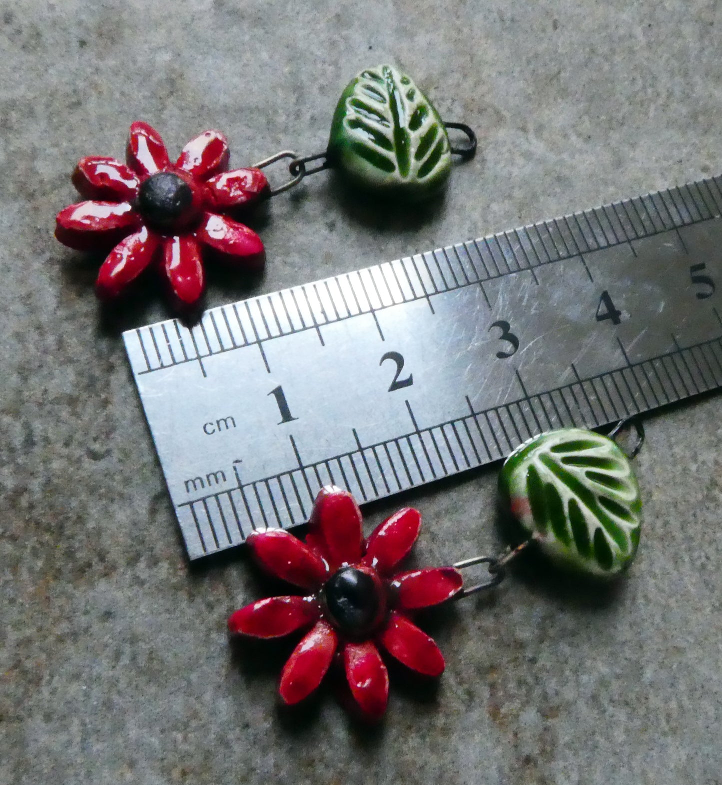 Ceramic Flower and Leaf Dangles - Red