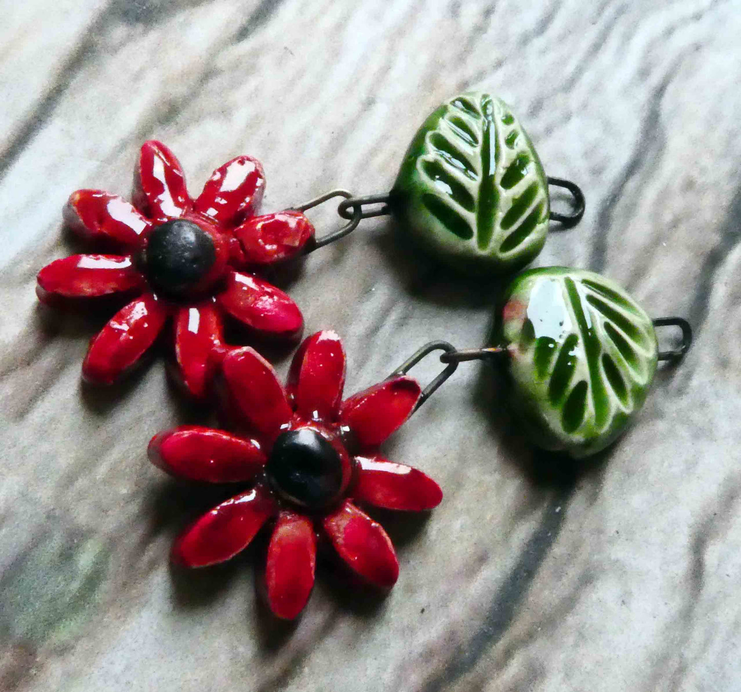 Ceramic Flower and Leaf Dangles - Red