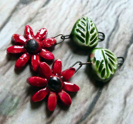 Ceramic Flower and Leaf Dangles - Red