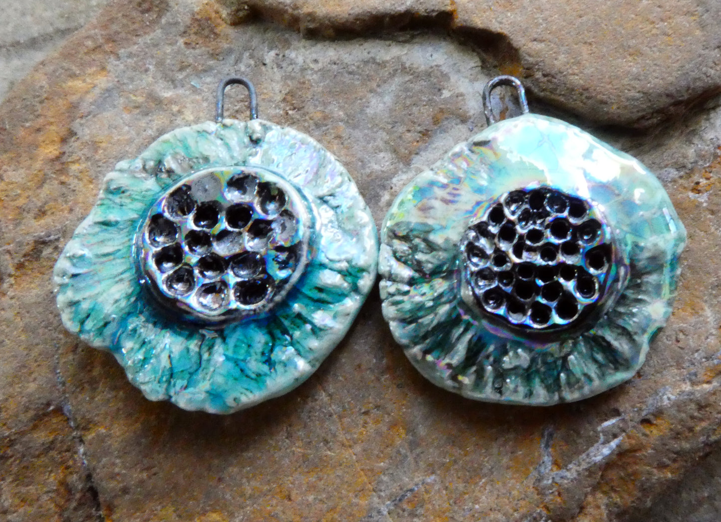 Ceramic Lustrous Feathery Flower Earring Charms - Taunton Turquoise