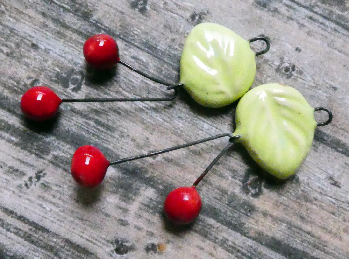 Ceramic Leaf and Cherry Dangles - Honeydew