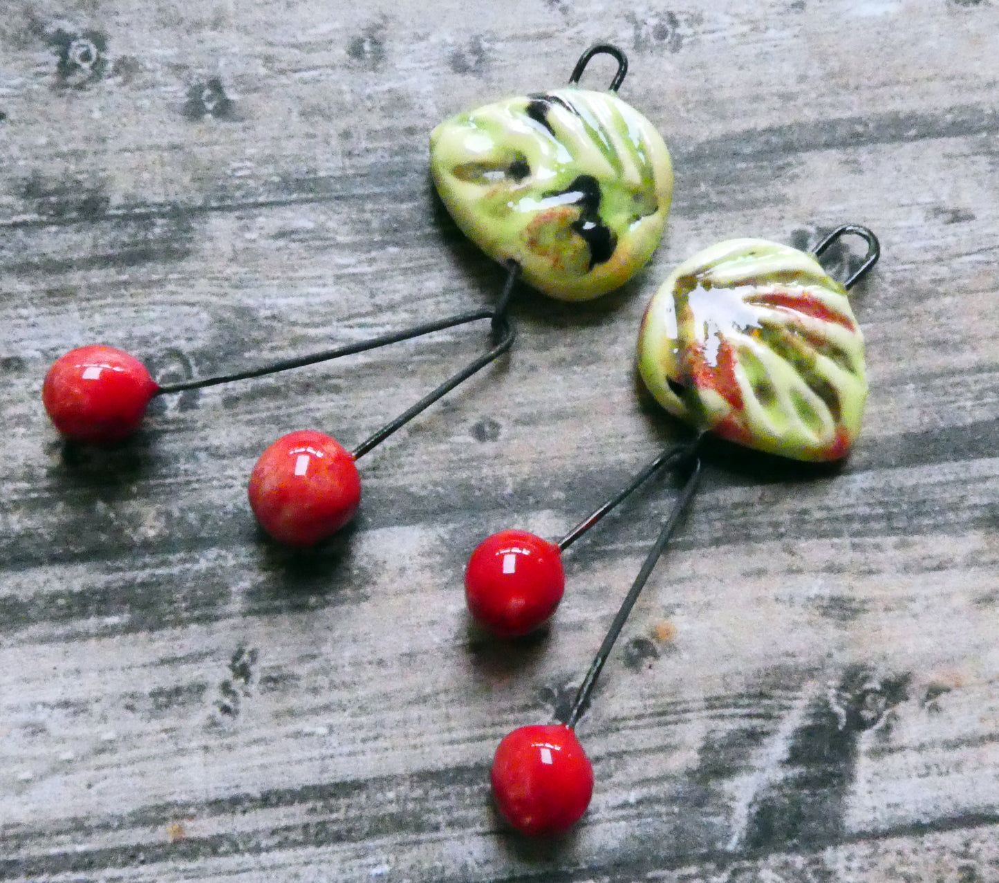 Ceramic Leaf and Cherry Dangles - Mixed Melon