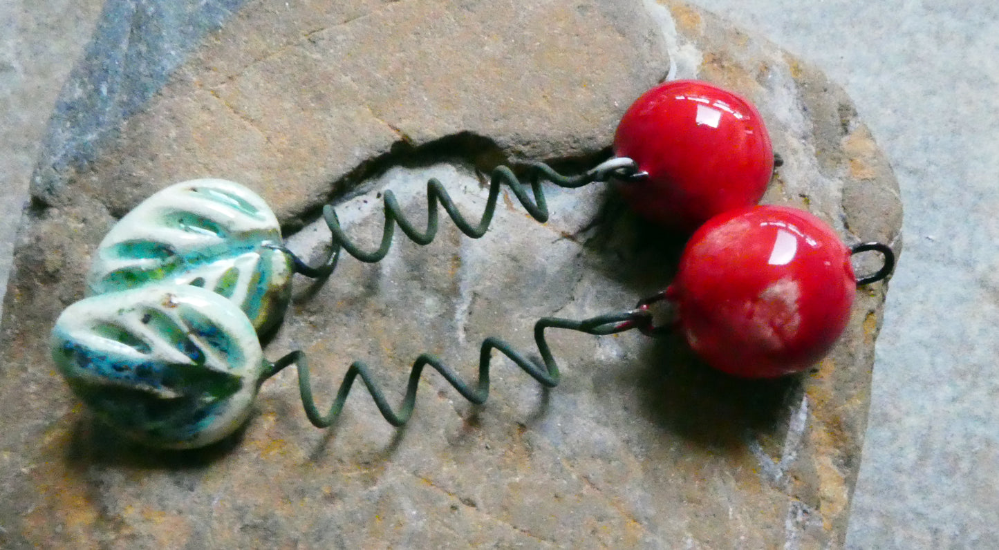 Ceramic Cherry and Leaf Dangles - Herb Garden