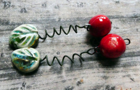 Ceramic Cherry and Leaf Dangles - Herb Garden