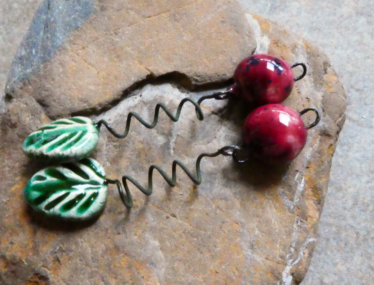 Ceramic Cherry and Leaf Dangles - Algae Bloom