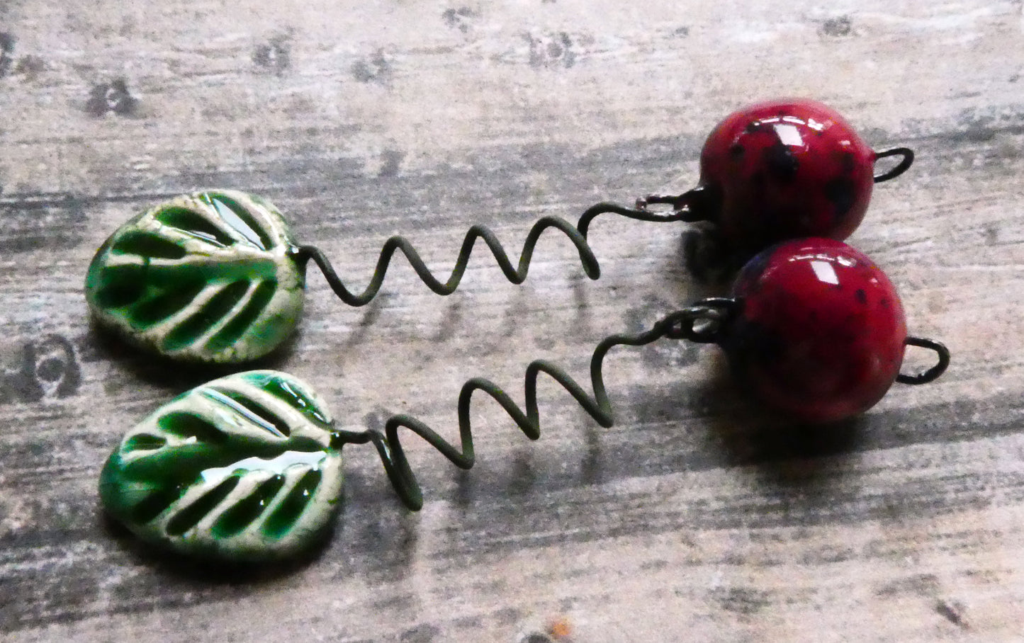 Ceramic Cherry and Leaf Dangles - Algae Bloom