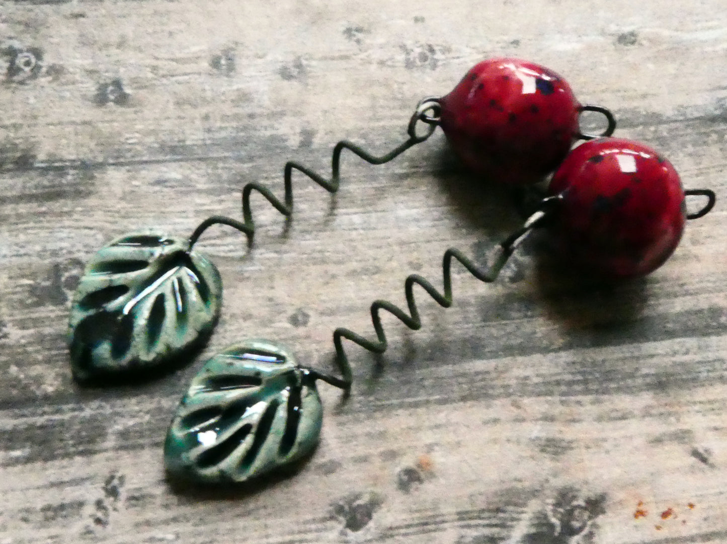 Ceramic Cherry and Leaf Dangles - Ocean Mist