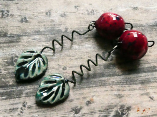 Ceramic Cherry and Leaf Dangles - Ocean Mist