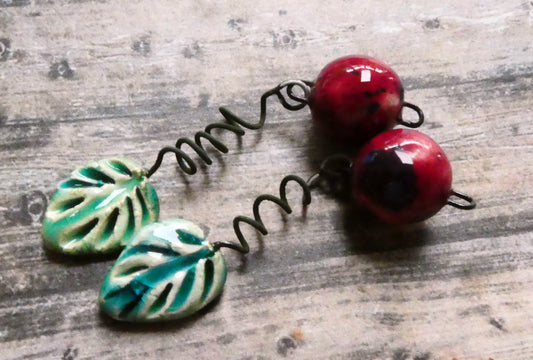 Ceramic Cherry and Leaf Dangles - Lime