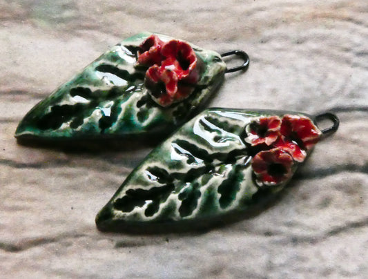 Ceramic Evergreen Leaf and Flowers Charms - Red
