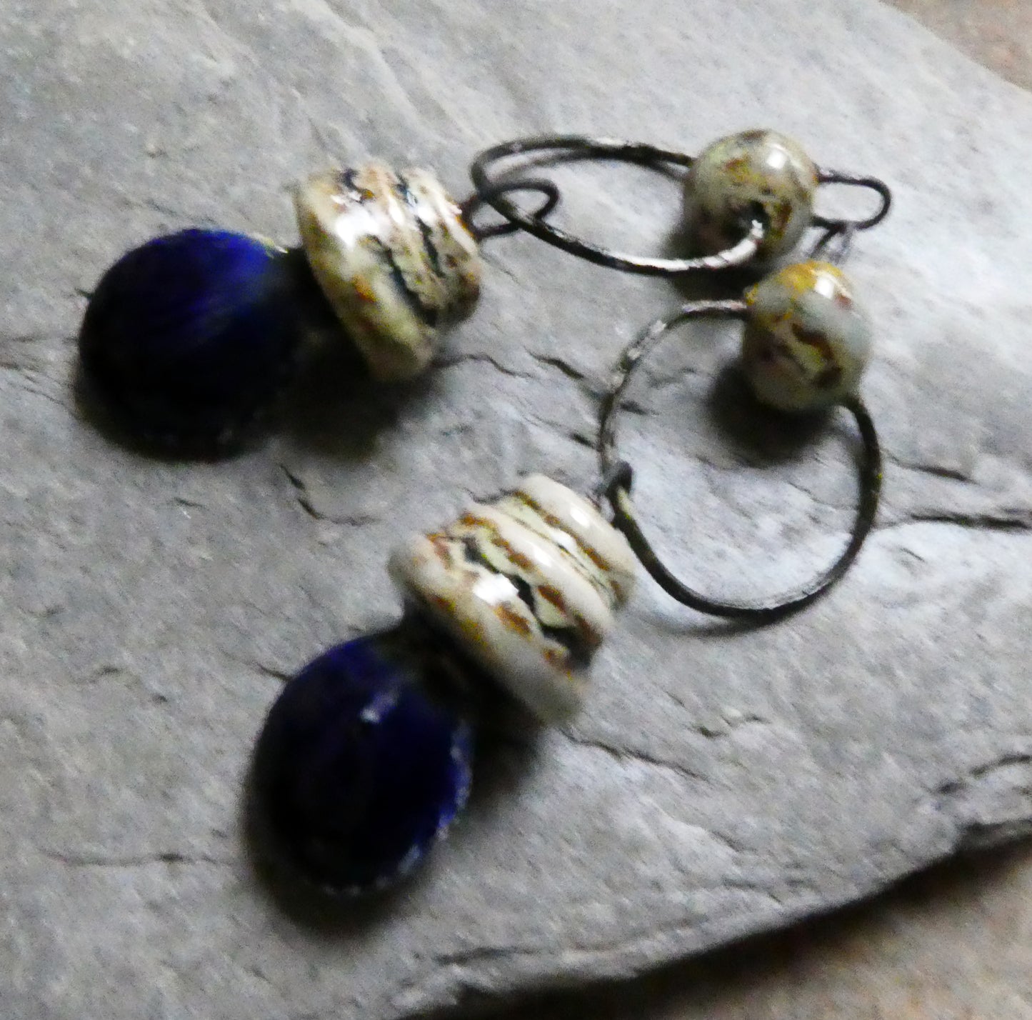 Ceramic Pebble and Shell Hoopy Dangles - Mirror Blue
