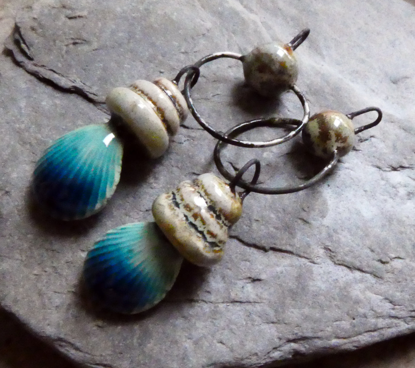 Ceramic Pebble and Shell Hoopy Dangles - Oriental Blue