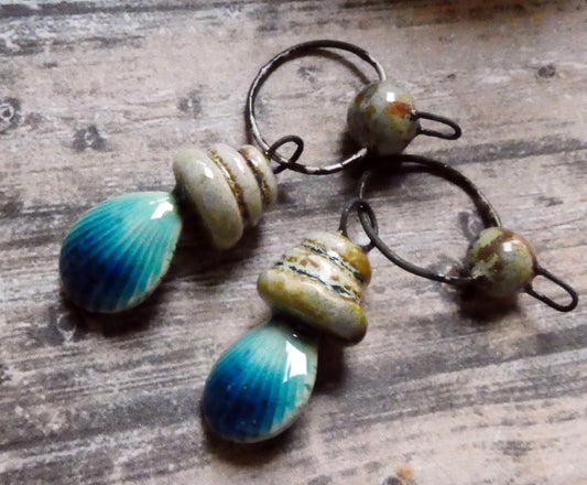Ceramic Pebble and Shell Hoopy Dangles - Oriental Blue
