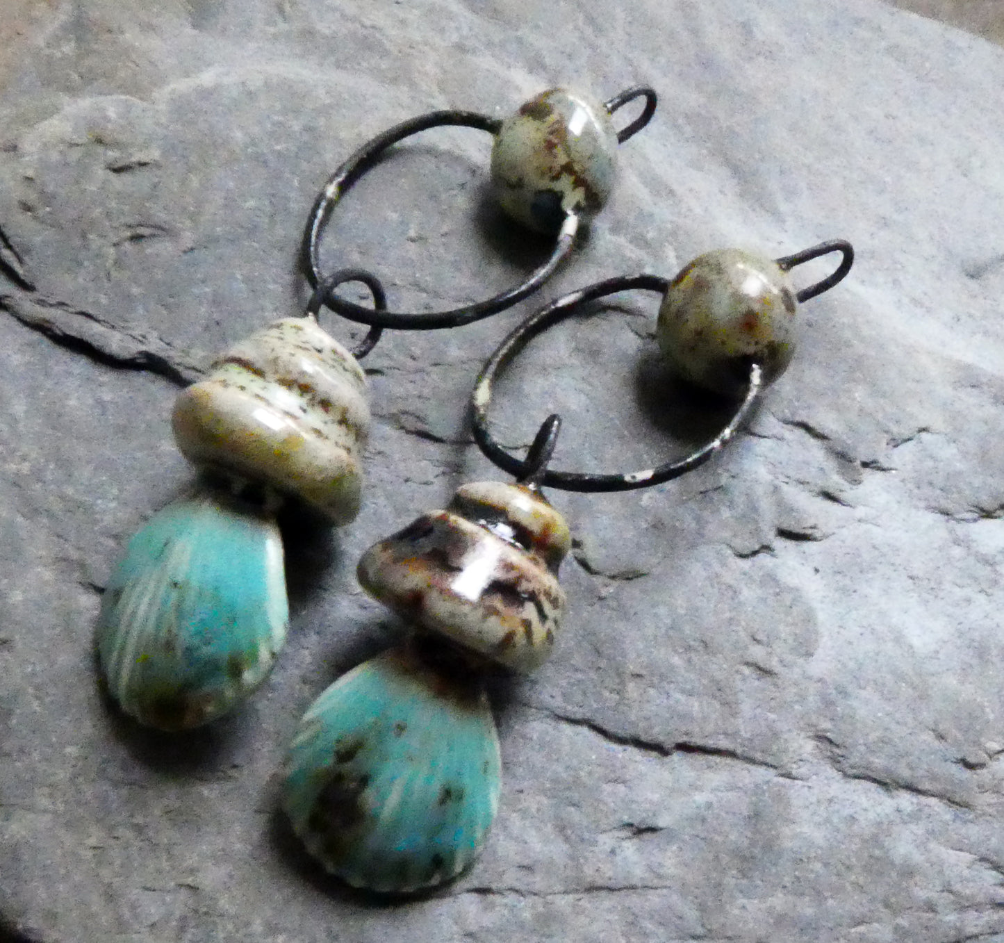 Ceramic Pebble and Shell Hoopy Dangles - Blue Guppy
