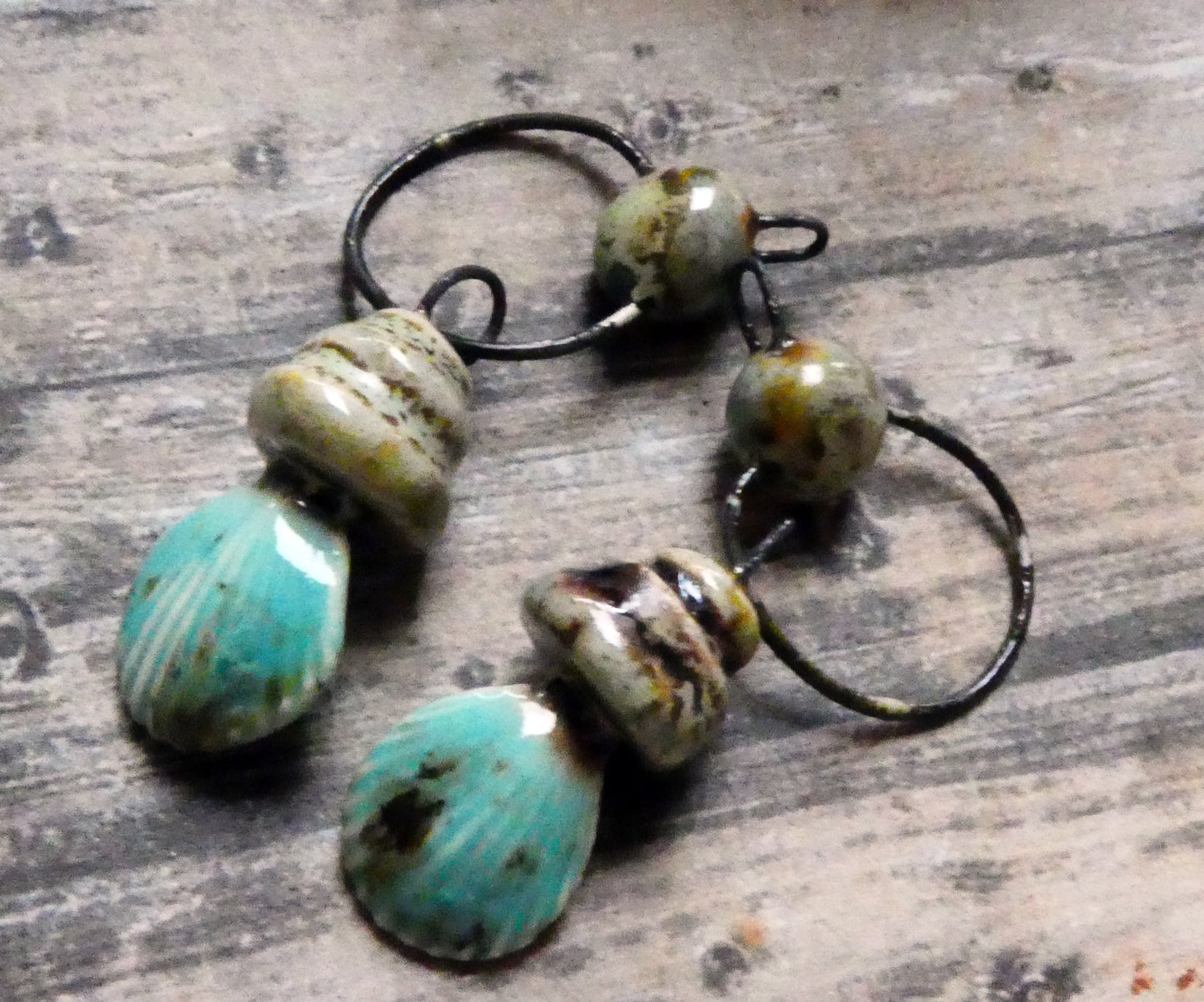 Ceramic Pebble and Shell Hoopy Dangles - Blue Guppy