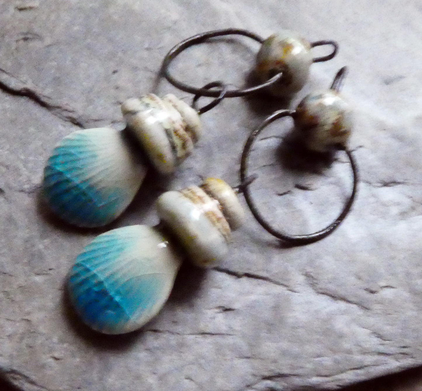 Ceramic Pebble and Shell Hoopy Dangles - Turquoise Crackle
