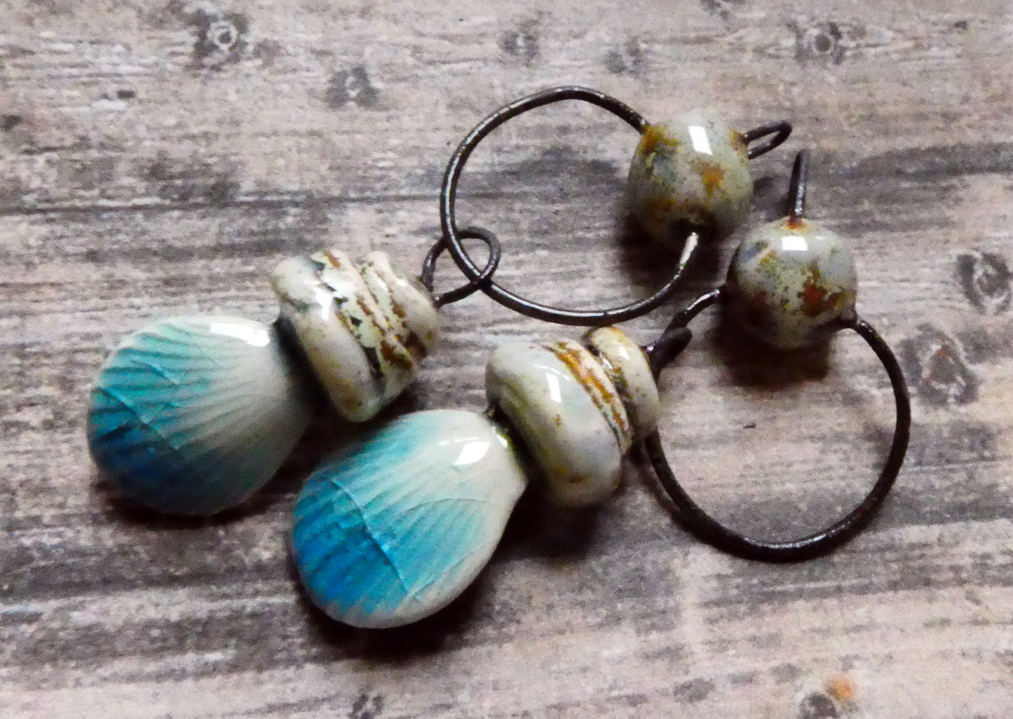 Ceramic Pebble and Shell Hoopy Dangles - Turquoise Crackle