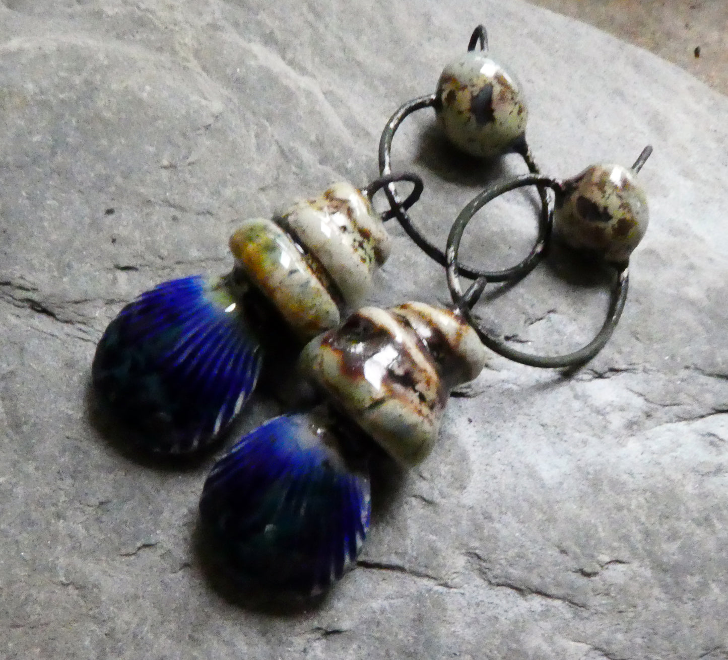 Ceramic Pebble and Shell Hoopy Dangles - Monets Pond
