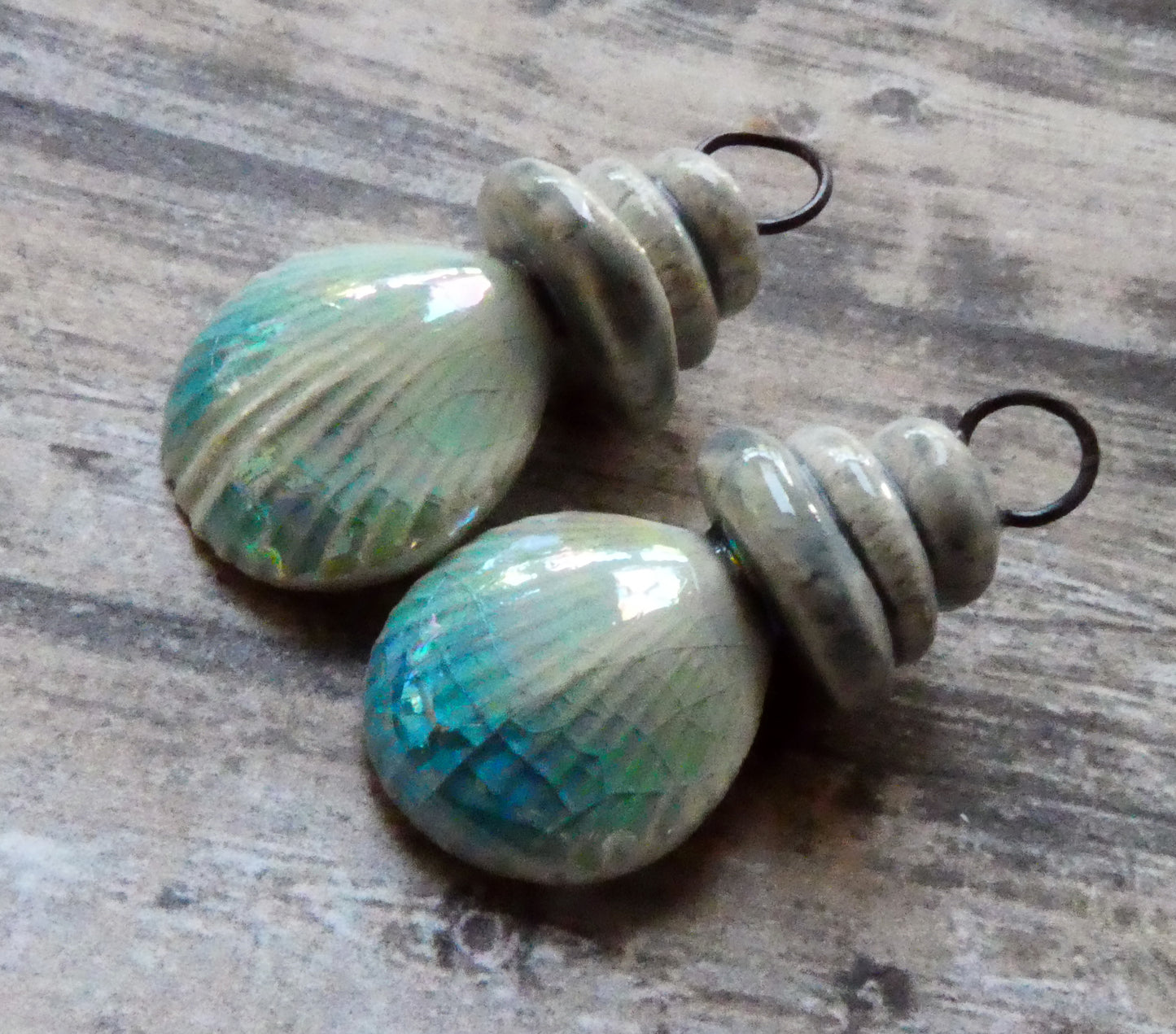 Ceramic Lustrous Pebble and Shell Charms - Turquoise Crackle
