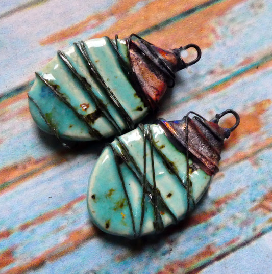 Ceramic Wire Wrapped Teardrop Charms - Blue Guppy