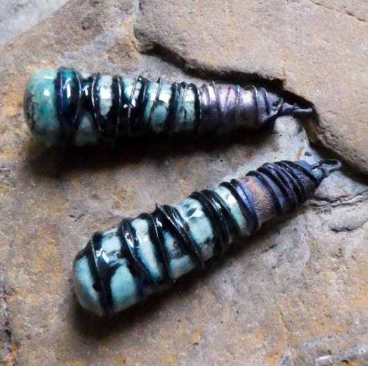 Ceramic Wire Wrapped Baton Charms - Ocean Mist