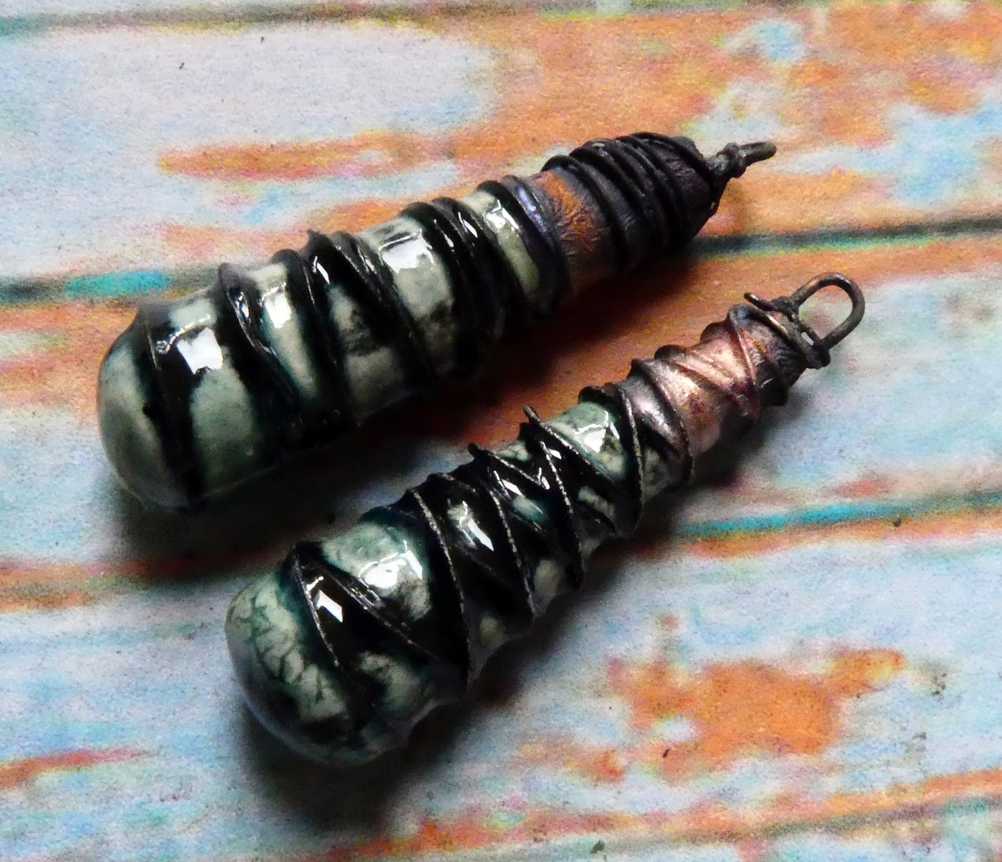 Ceramic Wire Wrapped Baton Charms - Ocean Mist