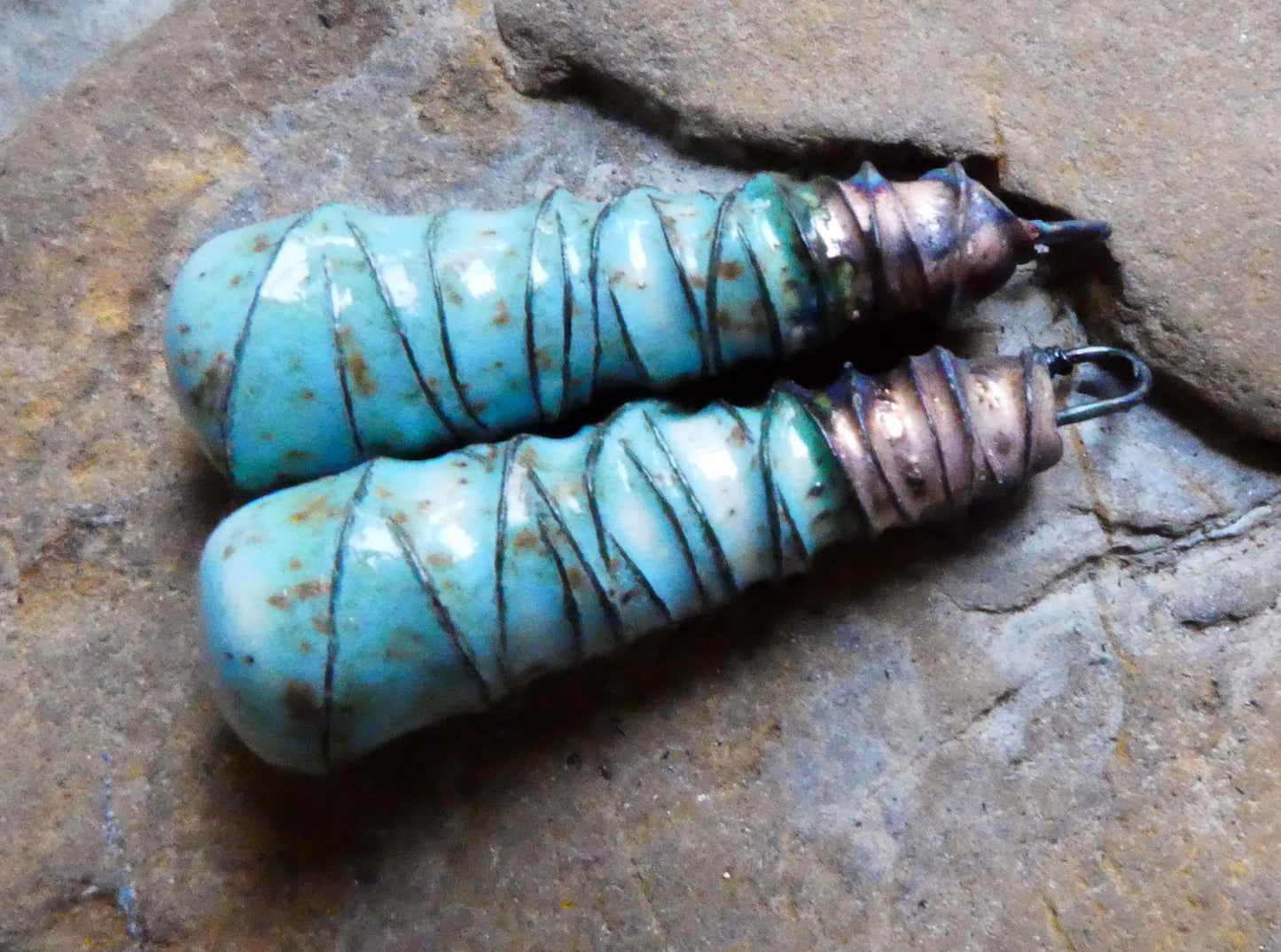 Ceramic Wire Wrapped Baton Charms -Turquoise Sandstone