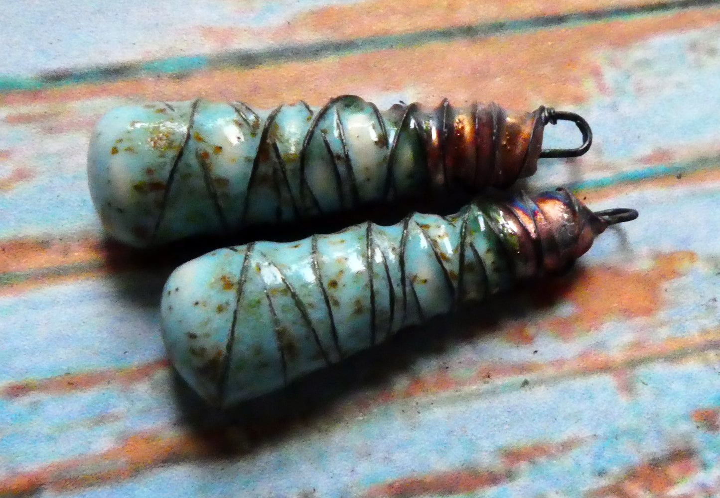 Ceramic Wire Wrapped Baton Charms -Turquoise Sandstone