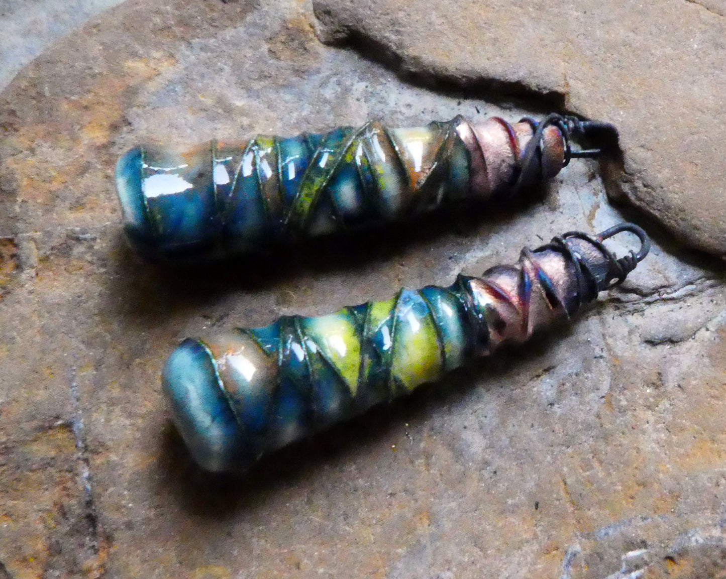 Ceramic Wire Wrapped Baton Charms -Koi Pond