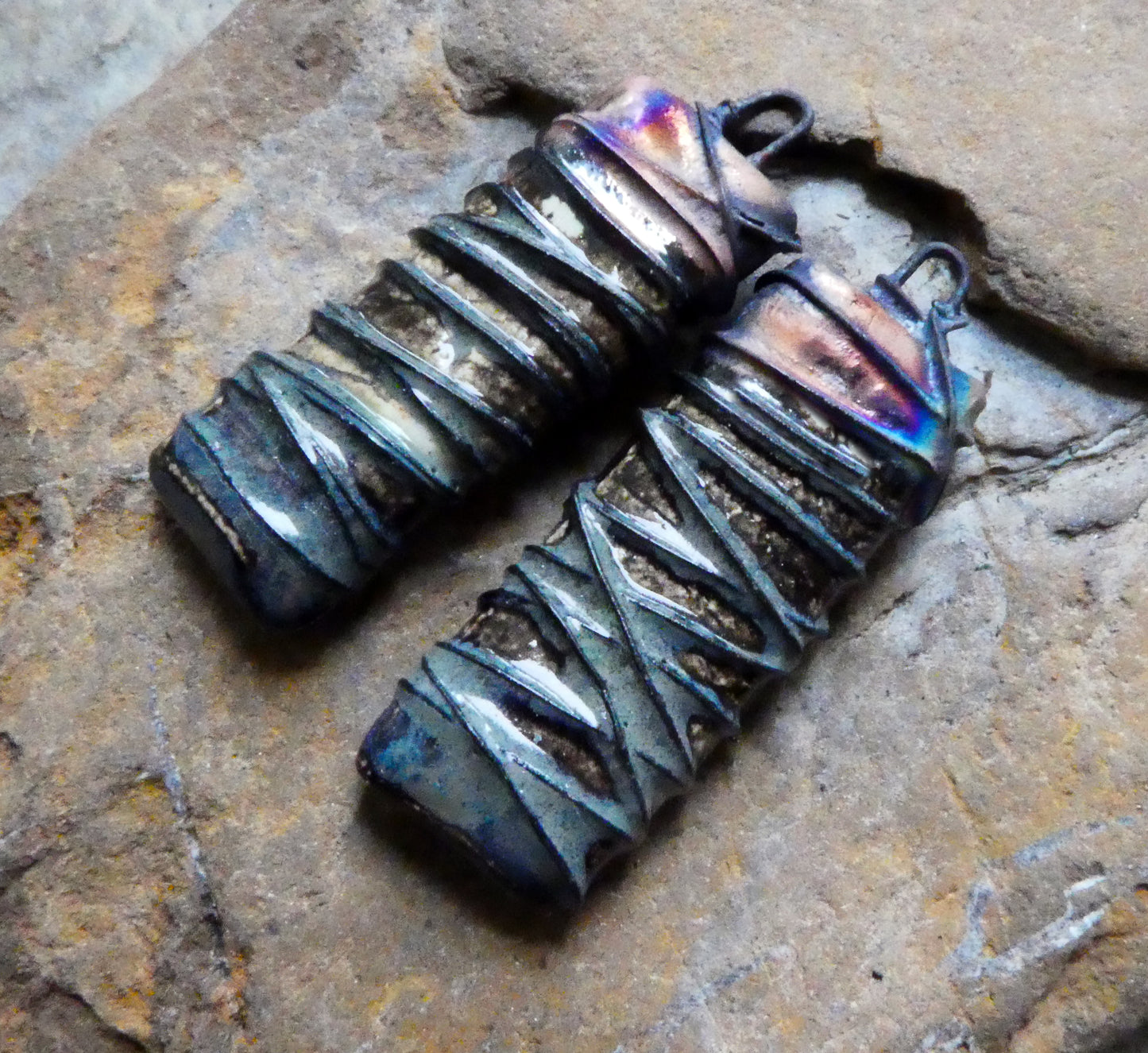 Ceramic Wire Wrapped Tablet Charms -Blue Grotto