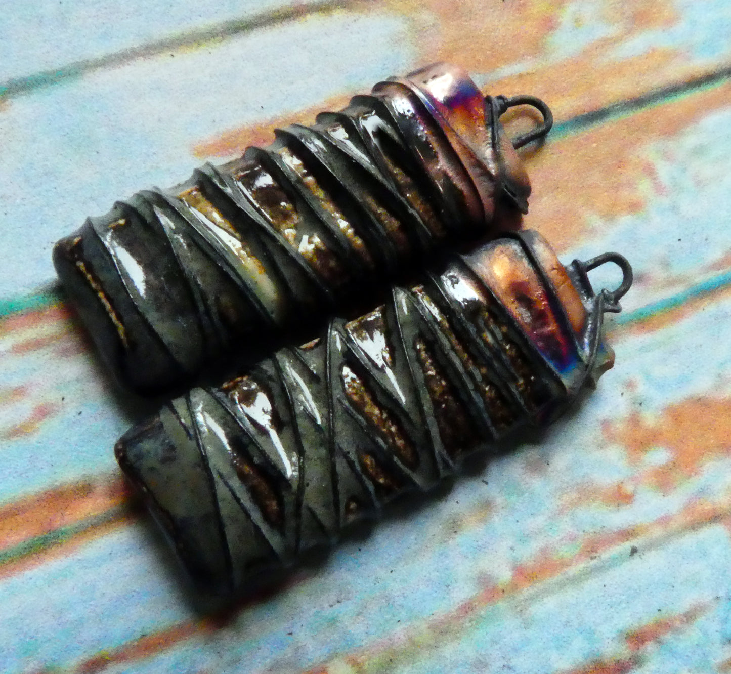 Ceramic Wire Wrapped Tablet Charms -Blue Grotto