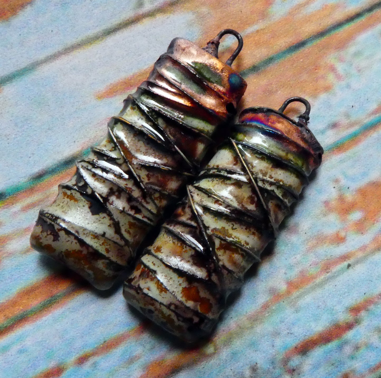 Ceramic Wire Wrapped Tablet Charms -Spotted Malachite