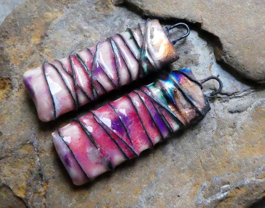 Ceramic Wire Wrapped Tablet Charms -Berry Tart