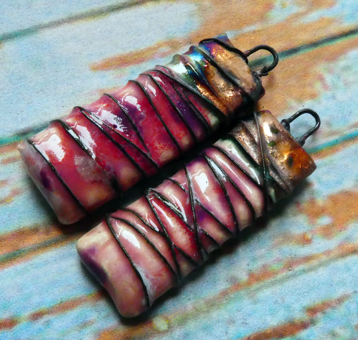 Ceramic Wire Wrapped Tablet Charms -Berry Tart