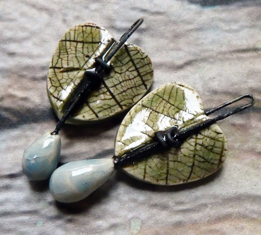 Ceramic Leaf Heart and Raindrop Charms - Green Tea