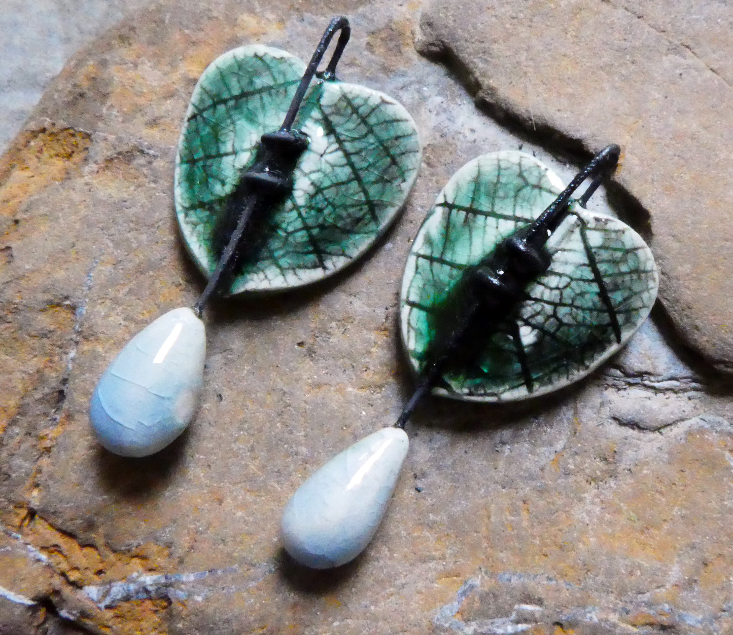 Ceramic Leaf Heart and Raindrop Charms - Algae Bloom