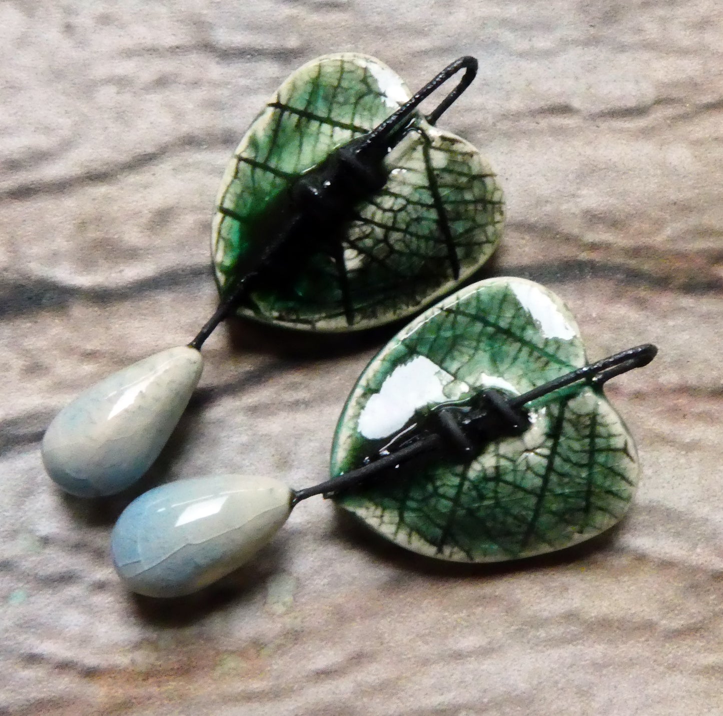 Ceramic Leaf Heart and Raindrop Charms - Algae Bloom