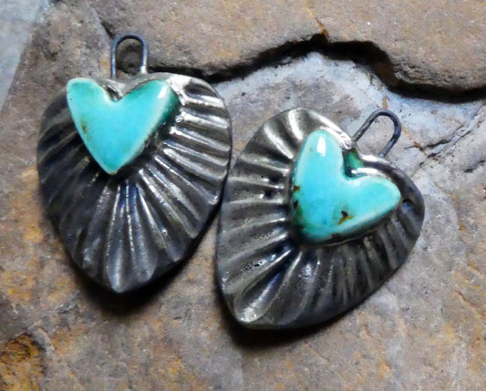 Ceramic Textured Heart Charms - Blue Guppy